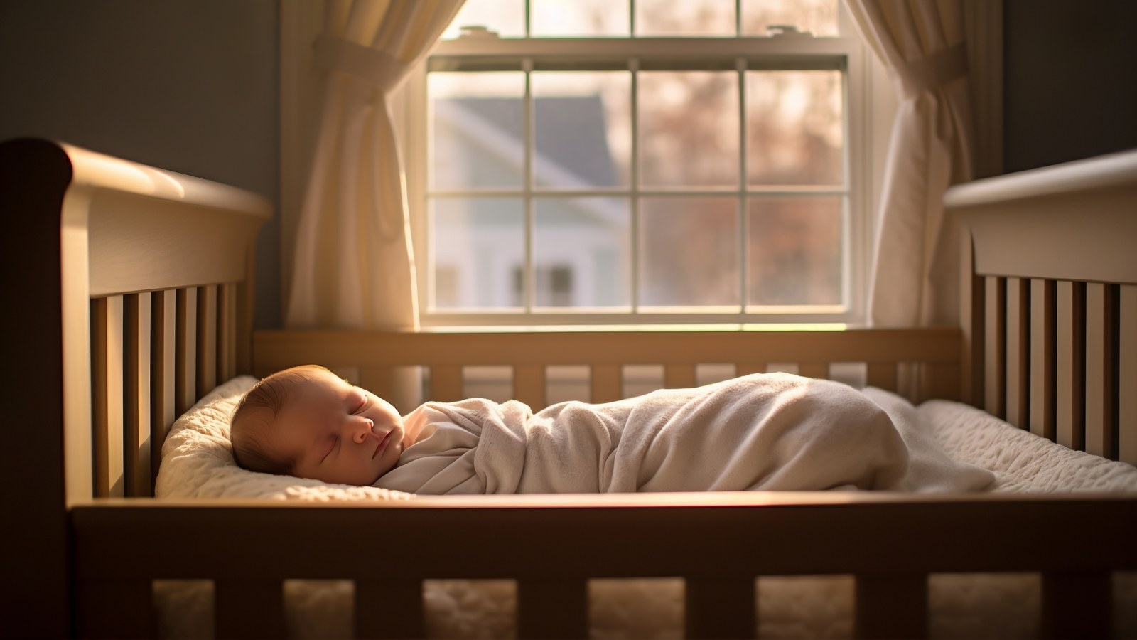 Mother checking early morning wake up of baby in a dark nursery crib