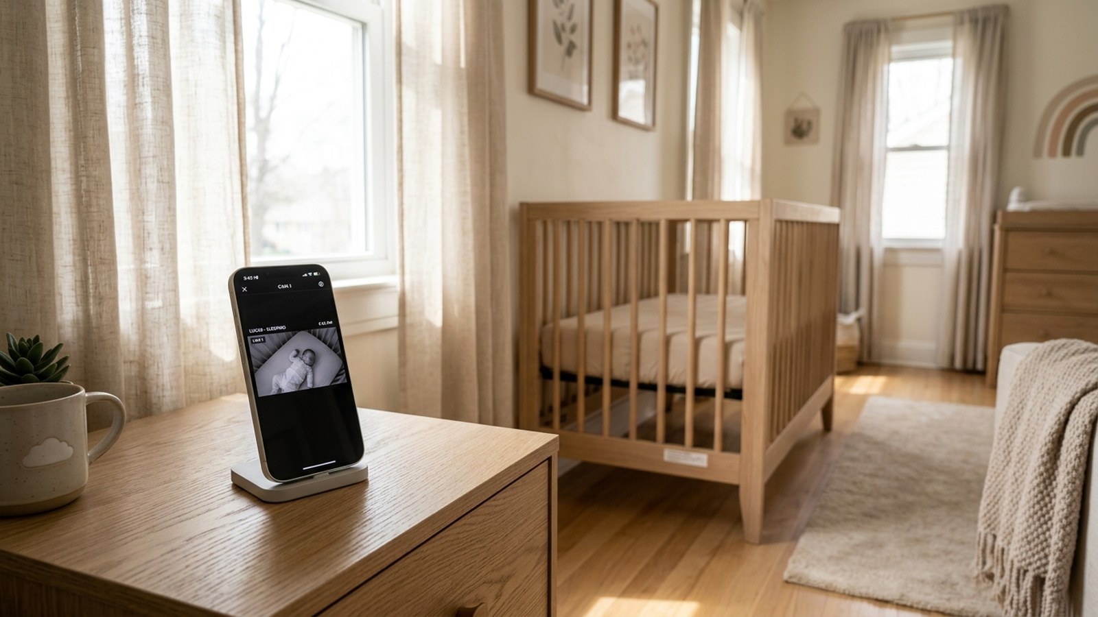 An iPhone displaying a baby monitor video feed on a wooden bedside table in a bright nursery with a safe bare crib in the background.