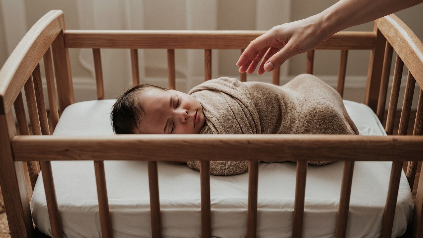 Neonato che si contorce delicatamente nella culla emettendo piccoli versi di sforzo