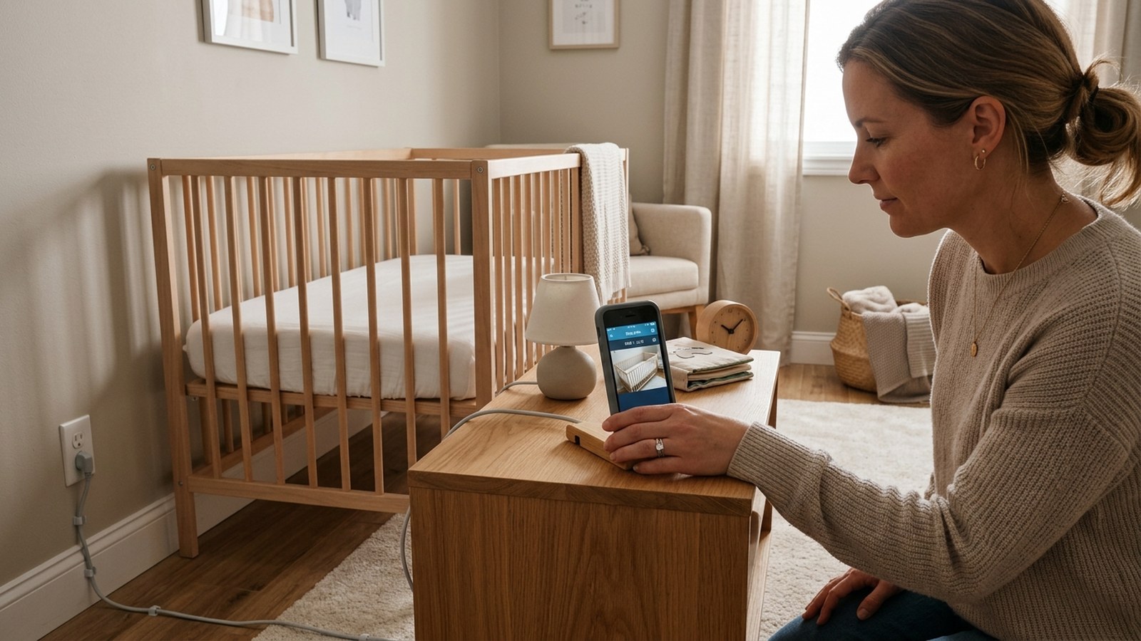 A parent setting up an older iPhone on a wooden bedside table as a baby monitor overlooking a safe bare crib in a sunlit nursery.
