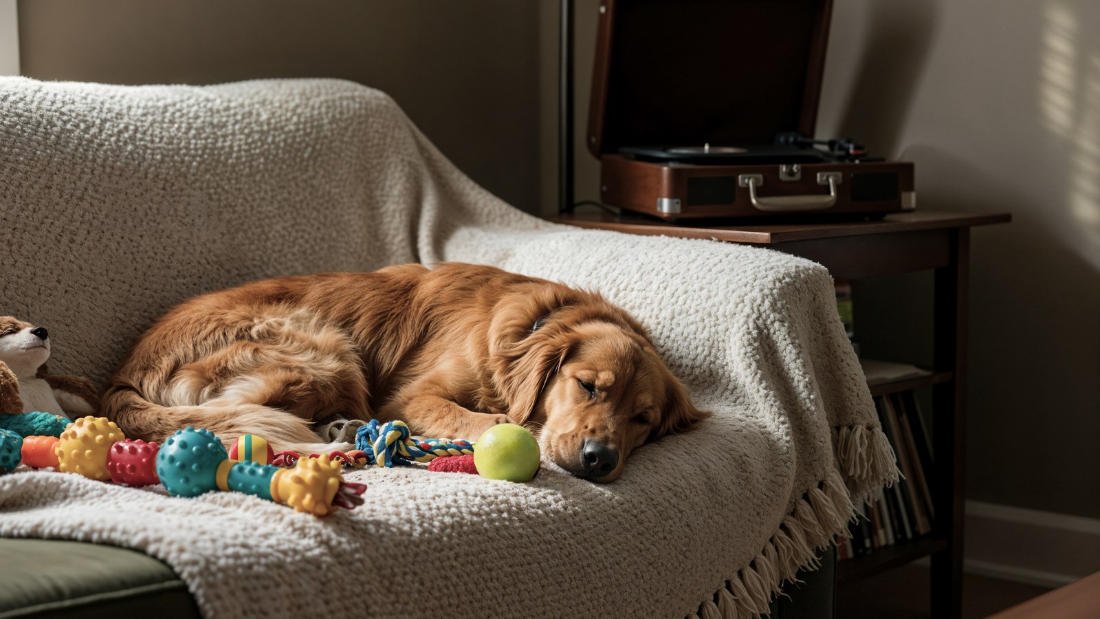 Cane Golden Retriever rilassato sul divano monitorato da uno smartphone come telecamera pet